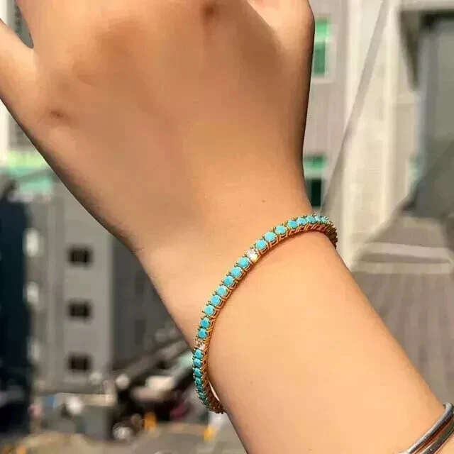 Brazalete Tenis 3mm Redondo Creado en Laboratorio Azul Turquesa y Diamante Chapado en Oro 14K Foto 4 de 4