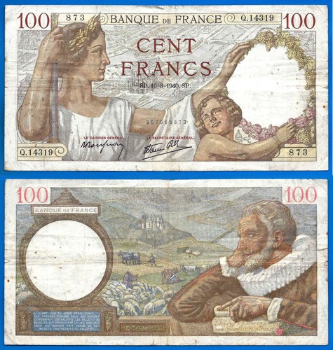 France 100 Francs 1940 16 August Sully Free Shipping Worldwide