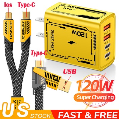 120W 4-Port USB C Fast Wall Charger Block ,PD Fast Cable For Google Pixel 9 8 7