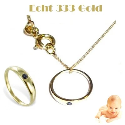 MARKENLOS - SCHMUCK ECHTSCHMUCK SET TAUFRING KRISTALL BLAU & KETTE 36 CM 333 ECHT GOLD TAUFSCHMUCK JUNGEN TAUFE