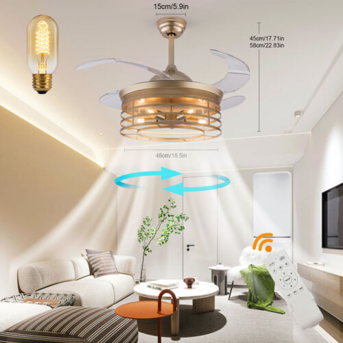 36''/42'' Ceiling Fan Light Remote Control Caged Chandelier +Retractable Blades - Bild 1 von 28
