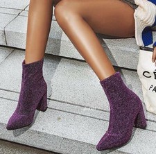 New Women Ankle Boots Square Heels Boots Slip on Boots Shoes Woman Big Size 4-16