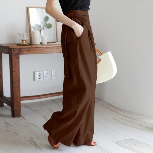 Damen High Waist Wickelhose Lange Hose Freizeit Locker Weites Bein Damen Palazzo - Bild 8 von 23