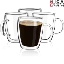 Double Wall Insulated Glass Coffee Mugs 4 Pack Heat Resistant Beverage Cups New