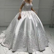 Satin Ball Gown Long Sleeves Wedding Dress Lace Applique Pearl Beaded Bride Gown
