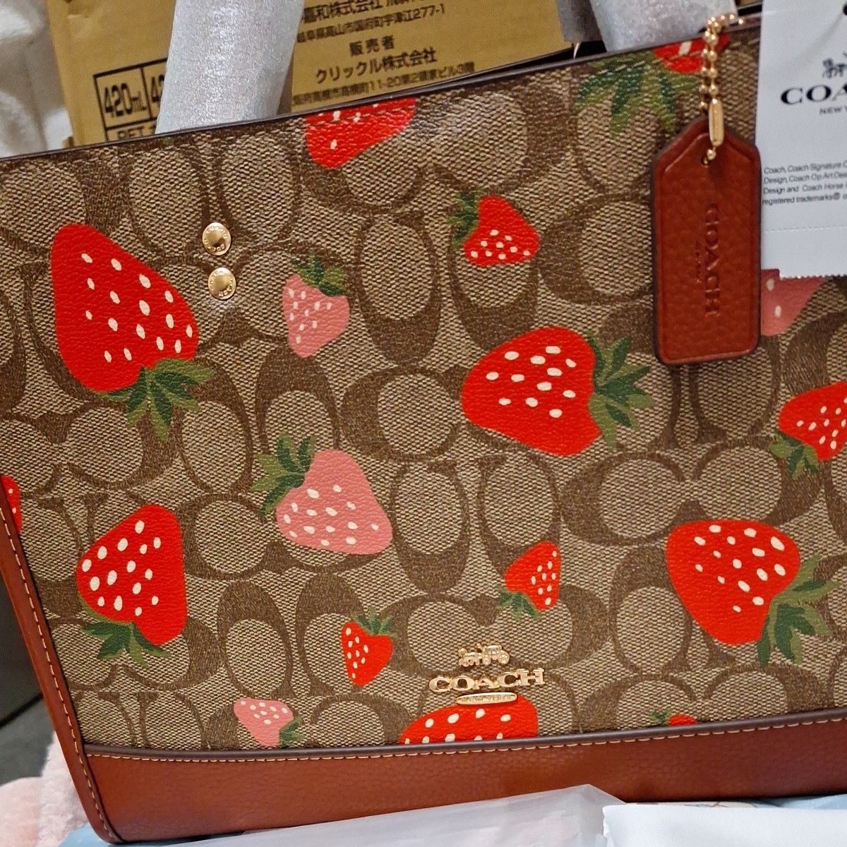 COACH Strawberry Print Beige Tote Bag