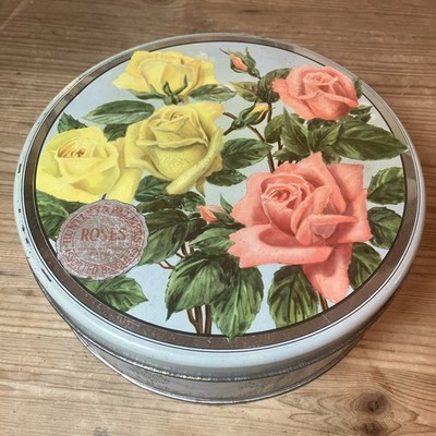 VTG HUNTLEY & PALMERS English Biscuit Tin Yellow Pink Rose Trees  10'' X 3 3/8''