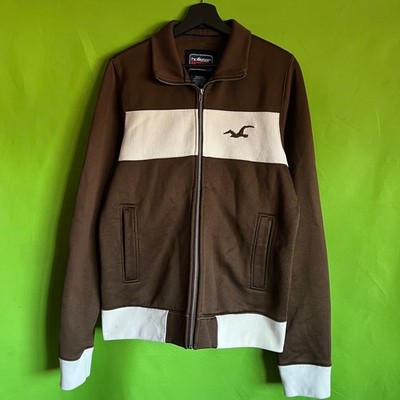 Hollister Mens Brown Cream Colorblock Full Zip Track Jacket Size M Seagull Logo