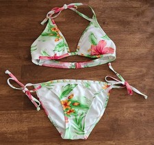 White Tropical Floral Halter Bikini Tie Top Adjustable Tie Bottom, Size M