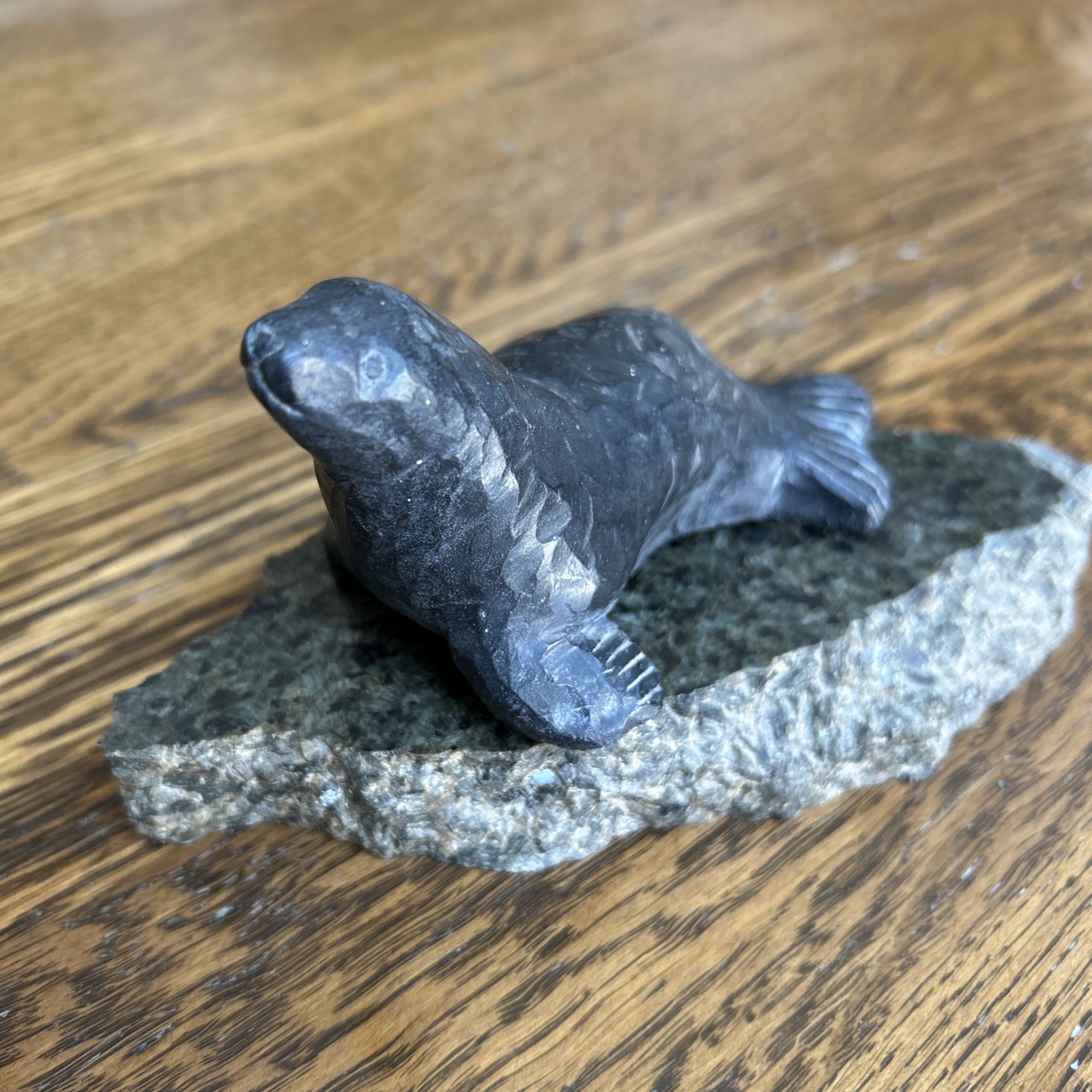 Nuvuk Soapstone Seal Sea Lion Alaska With Granite Display Piece