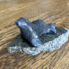 Nuvuk Soapstone Seal Sea Lion Alaska With Granite Display Piece