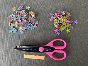 Approx. 150 Multi Color Metal FLORAL BRADS & Sawtooth SCISSORS for paper crafts
