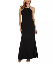 Nightway Women's Rhinestone-Trim-Neck Scuba Crepe Gown Size 8 Black