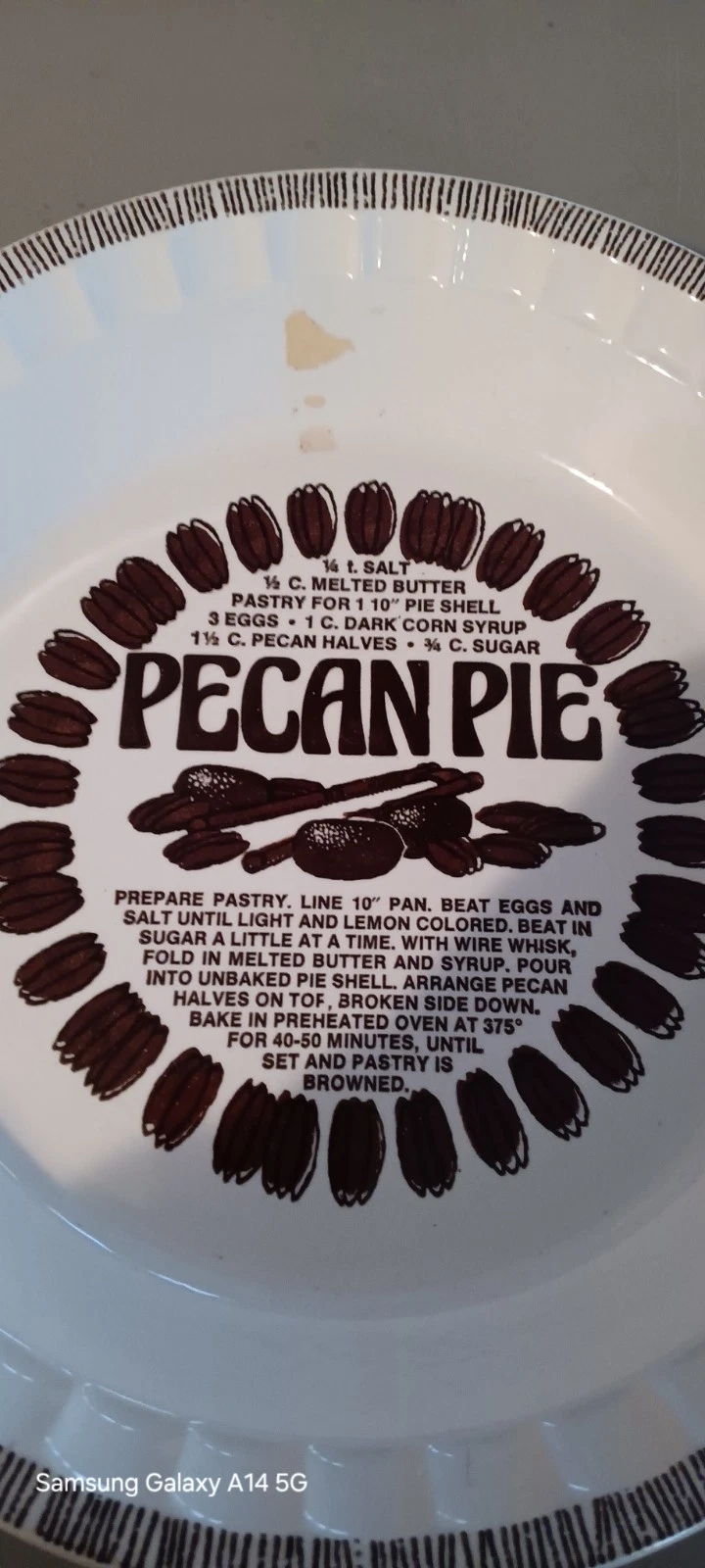 Vintage Royal China By Jeannette Deep Dish Pecan Pie Plate with Recipe 11" round