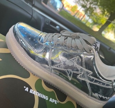 A Bathing Ape BAPE STA Silver/White Low Top Strap Lace-Up Men s Sneakers