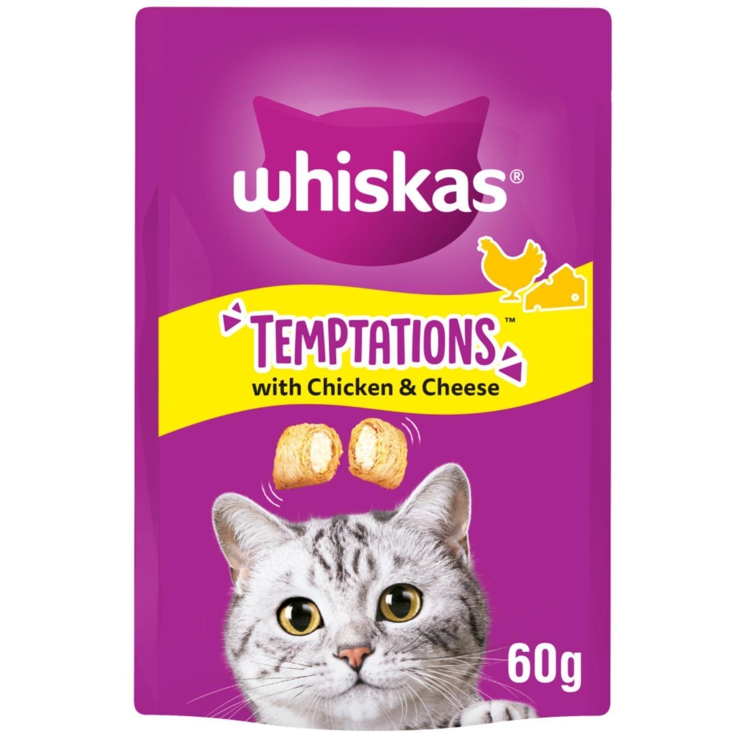 6 x 60g Whiskas Temptations Dual-Textured Cat Treats with Chicken & Cheese