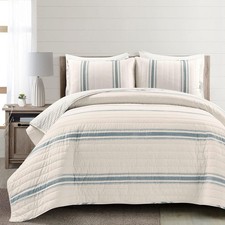 Farmhouse Stripe Reversible Cotton Quilt King Size 3 Piece Set Blue Farmhouse