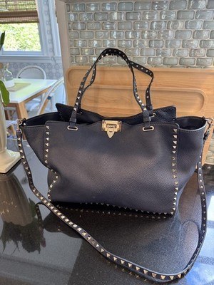 Valentino Garavani Rockstud Grained Leather Tote Navy Gold Studs Handbag Auth