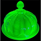Federal Glass Patrician Spoke Uranium Glass Butter Dish Green Depression Vintage