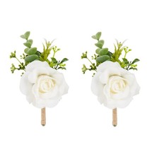 Ivory White Rose Boutonnieres for Men, Set of 2, Artificial Corsage