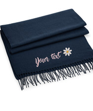 Embroidered scarf personalised with name and daisy design. Soft touch scarf