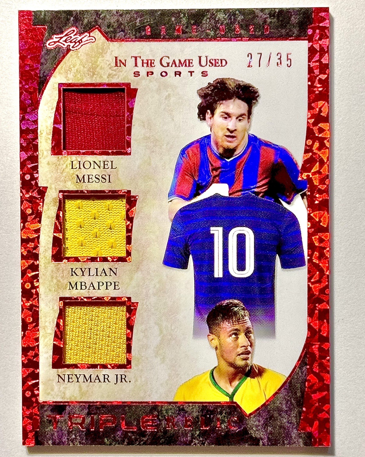 2022 Leaf In The Game Used - Soccer: Messi Mbappe Neymar Jr triple relic 27/35 