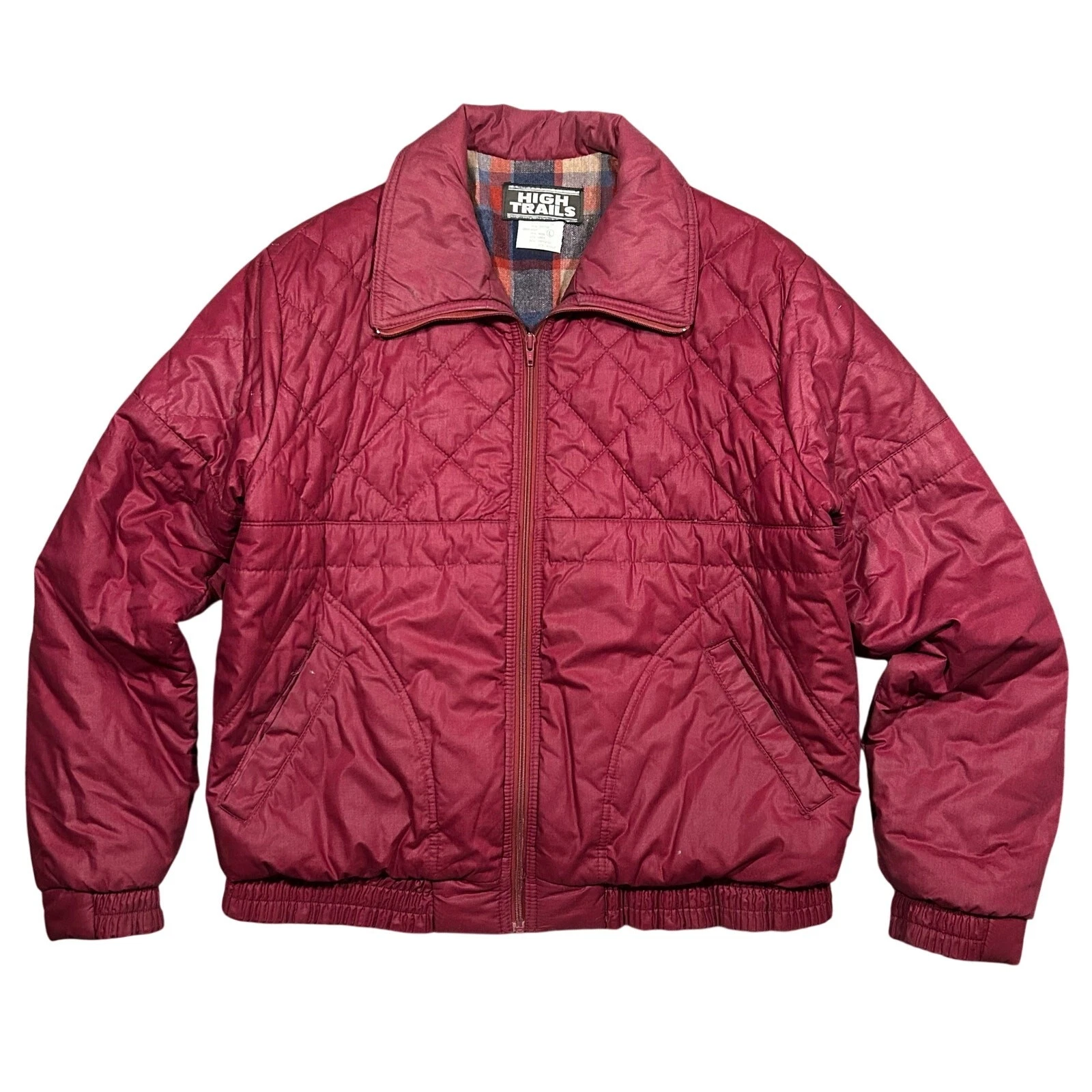 Vintage 80s High Trails Puffer Jacket Large Plaid Flannel Lined Red Zip Coat