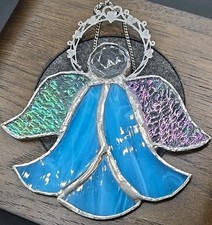 Blue Iridescent Stained Glass Angel W Hearts Halo Ornament Suncatcher 5"x4.5"