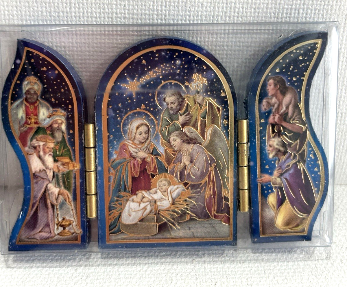 Nativity Scene Standing Blue Wood Triptych 2.5" x 1.75, Made in Hungary