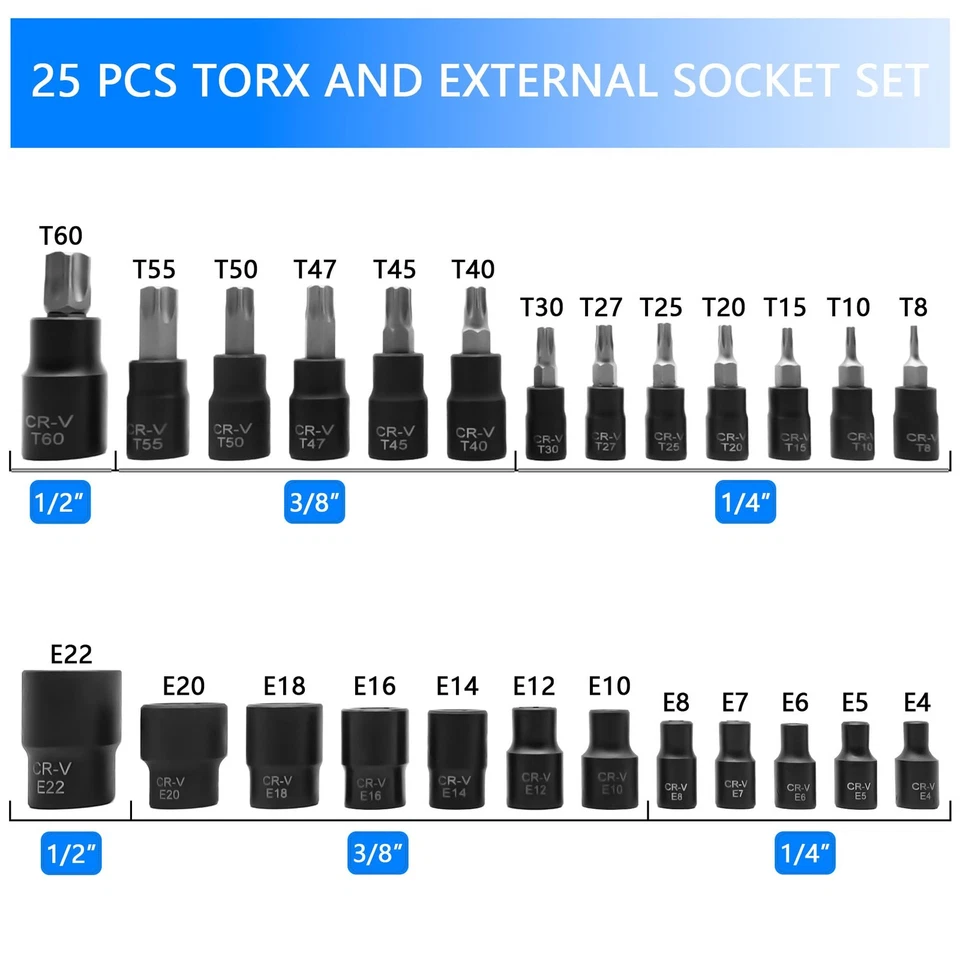 25PCS Torx Bit and Socket Set, Star Bits T8-T60 & E-Torx Sockets E4-E22, 1/4"... - Image 2 of 4