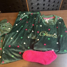 Joyspun Pajama Set Women s XL 16/18 Green Christmas Print Soft Lounge NEW