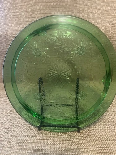 Jeanette Glass 1930s Green Uranium Glass Sunflower Cake Plate *Blacklight Glow