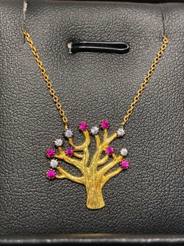 18k Oro Giallo Argento Sterling Rosso Zaffiro Albero Di Vita Halo Collana Regalo
