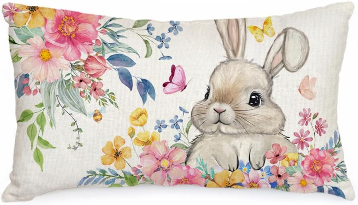 Easter Bunny Flower Pillow Cover 12x20 Inch Holiday Decor Party Cushion Case