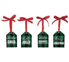 Green Plaid Wood Ornament Set of 4 with Assorted Messages, Burton BURTON