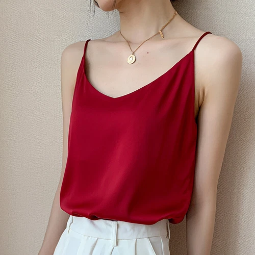 Damen Satin Seide Camisole Tank Top Träger V-Ausschnitt Träger Unterhemd Freizeit Basic Top - Bild 22 von 36