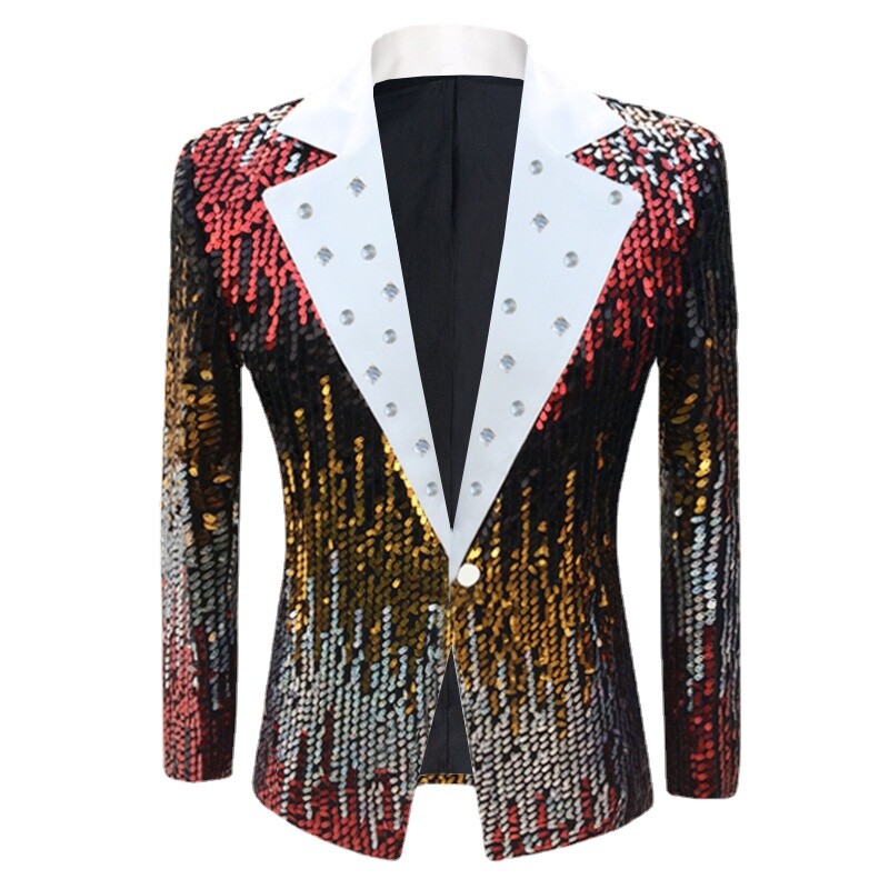 Men Shiny Sequins Jacket Blazer Neck Rhinestone Suit Performance Jacket  Party