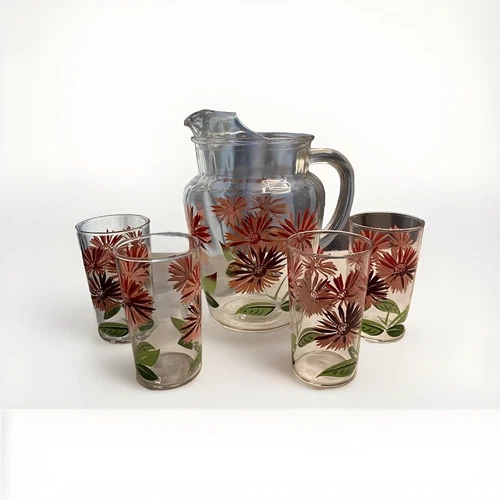 VTG BARWARE Pitcher Glasses Anchor Hocking 5 Pc Set Pink Floral MCM Pool Party