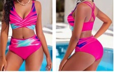 NWOT Ombre Contrast Color 2 Piece Bikini Set V Neck Criss Back Size Lg