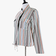 Mystree Size L Linen Blend Jacket Pockets Long Sleeve Striped Blue Gray Brown