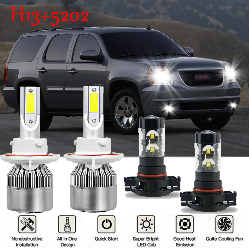 For GMC Yukon 2007-2014-6000K White LED Headlight Hi/Lo Beam Fog Lights Bulbs A+