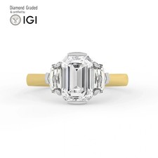 Emerald Solitaire Labgrown Diamond Trilogy Ring 14k Yellow Gold 3.60 Ct