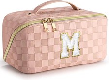 Personalized Initial M Makeup Cosmetic Bag, Large, Opens Flat Waterproof Pink