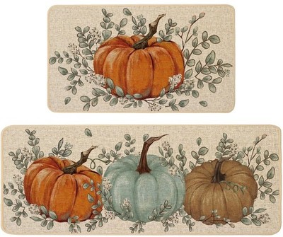 Fall Kitchen Mats Set of 2, Pumpkin Eucalyptus Leaves Kitchen Rugs for Floor ...
