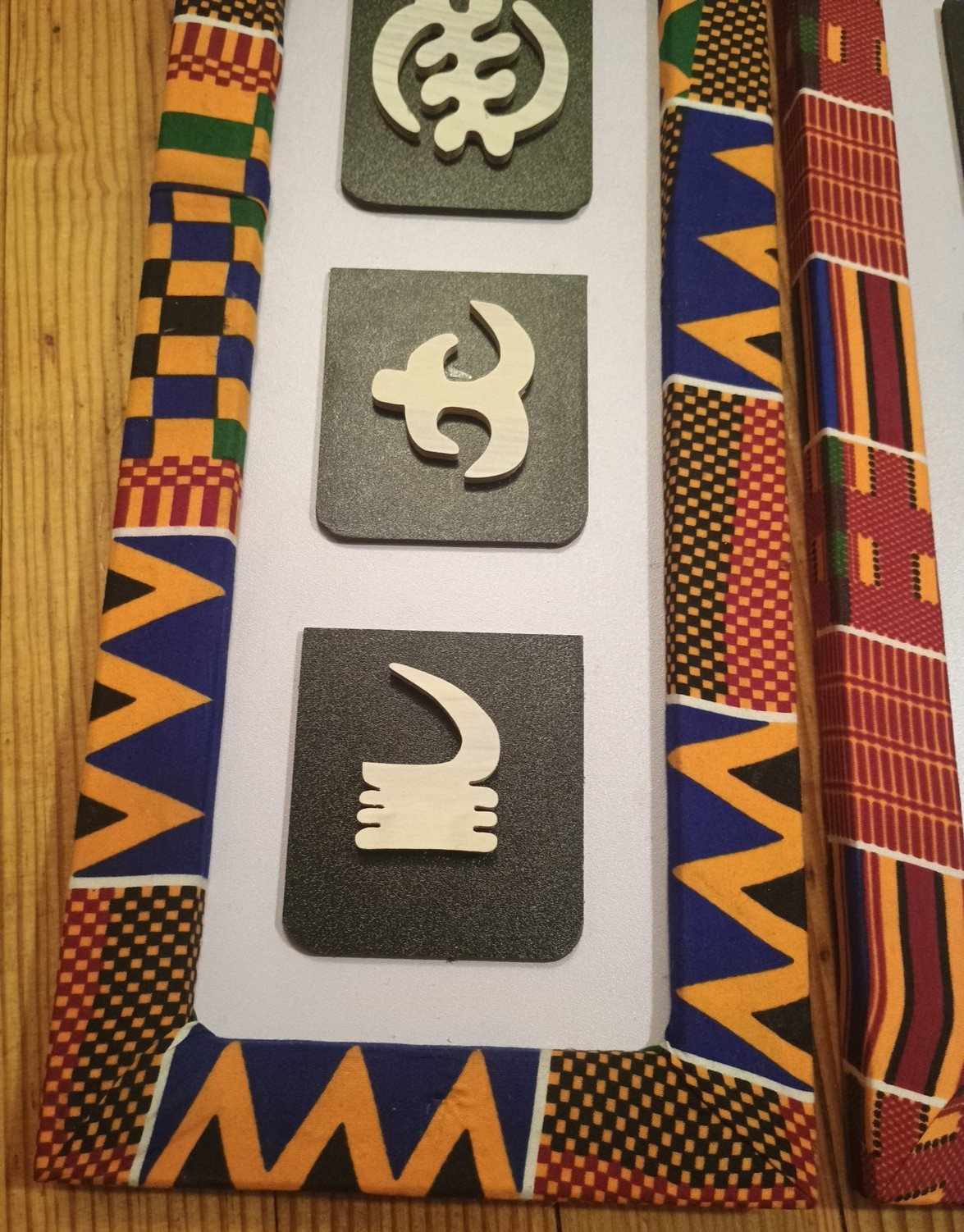 Vtg PAIR Hand carved Kente African Ghana Adinkra Symbols Decor Fabric Frames