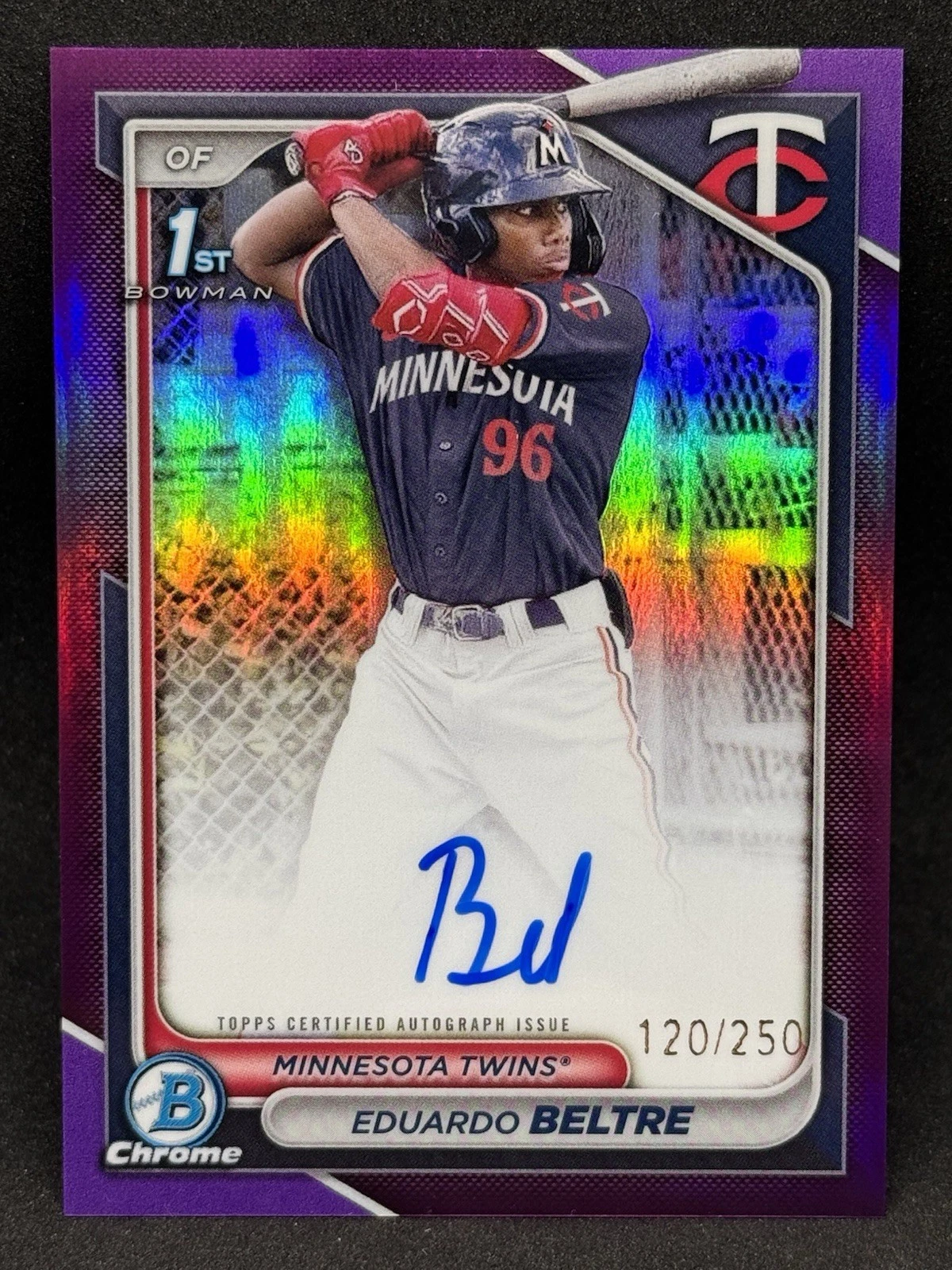 Eduardo Beltre 2024 Bowman Chrome 1st #CPA-EB Purple Refractor /250 Auto - Twins