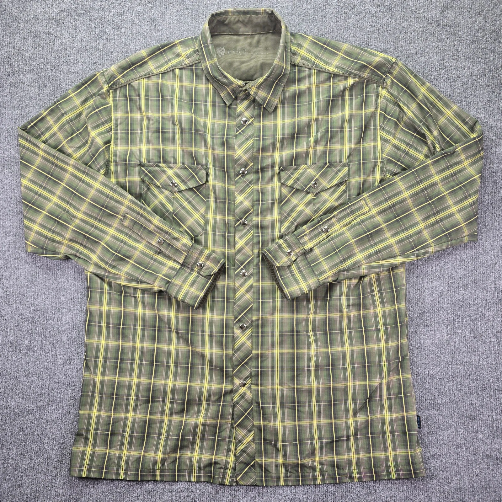 Kuhl Eluxur Shirt Mens XL Green Yellow Plaid Long Sleeve Hiking Outdoor Pockets