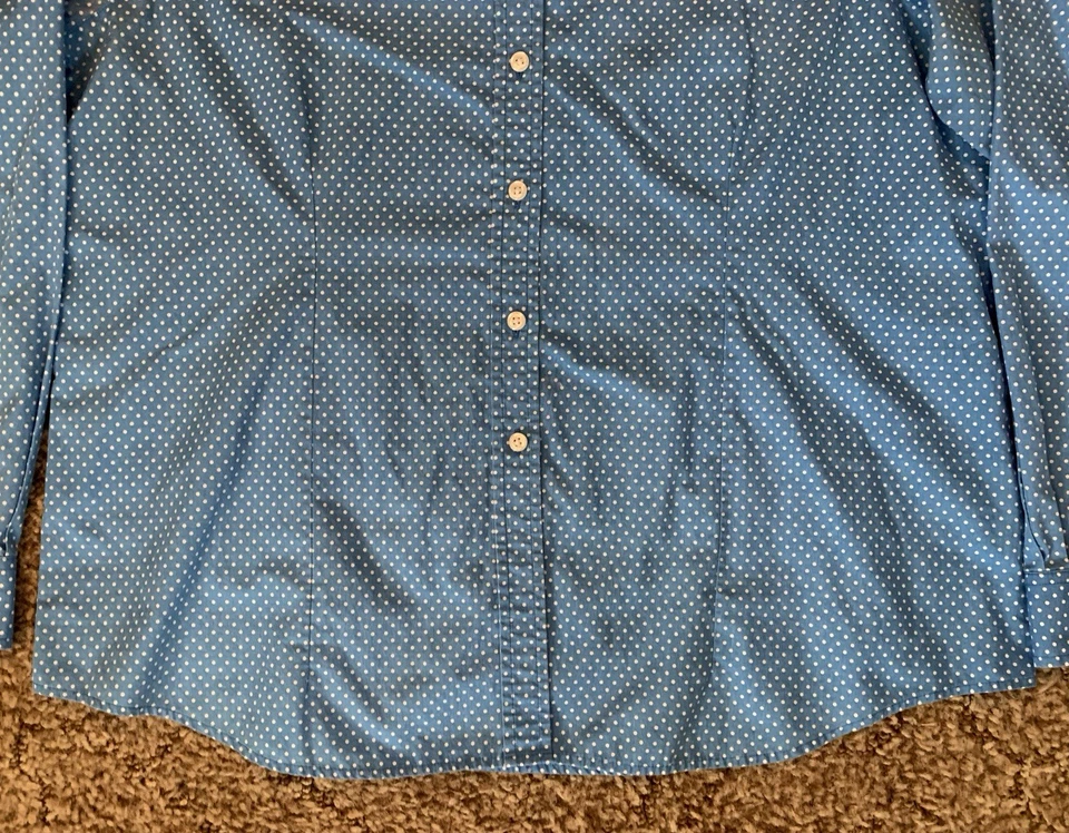 Camisa Orvis para mujer 20 azul blanco con botones lunares colorida preppy Foto 3 de 4