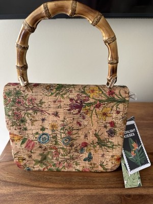 NWT Haute Hippie Style Whispy Floral Cork Handbag   Bamboo Handle & Gold Chain