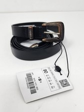 Zara Womens Belt 36 Black Leather Narrow Antiqued Bronze Silver Tone Buckle New